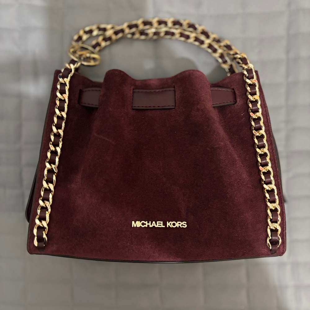 Michael Kors Wine Suede Shoulder Bag with Gold Chain